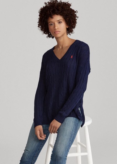 Polo Ralph Lauren Cable-Knit Side-Slit Striktrøje Dame Danmark (KTGXI2493)